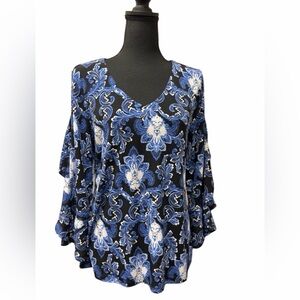 Charter Club Blue and White Floral Blouse Bell Ruffle Sleeves Size M